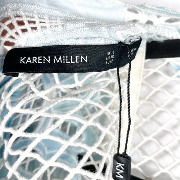 Karen Millen Paisley Lace Cutwork Dress Blue Mini Long Sleeve Sz 10 US - Picture 12 of 15